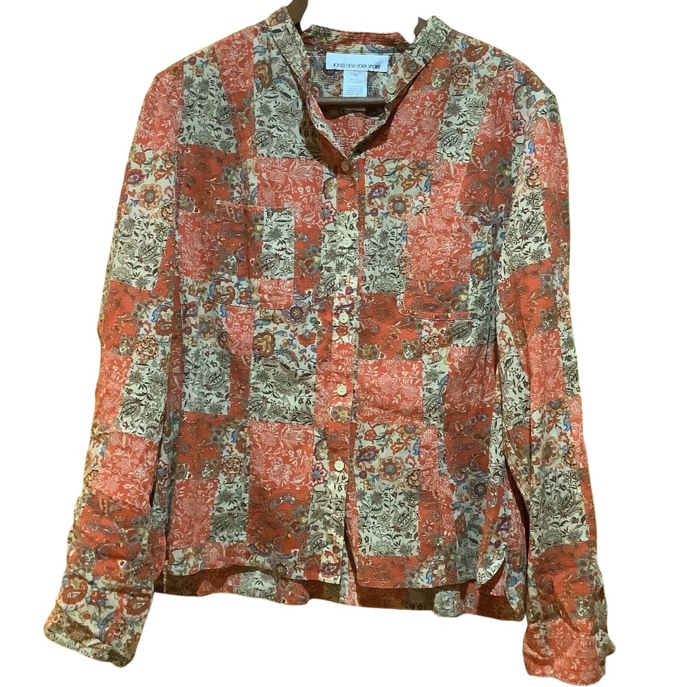 Jones New York Sport Button Down Shirt Womens Size 16 Patchwork Artsy‎ Boho